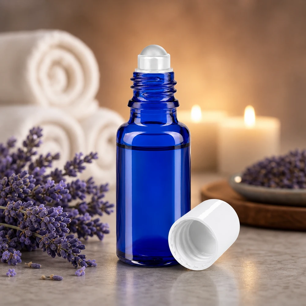 Fiaschetta da farmacia blu da 20 ml con sfera rotante in acciaio inossidabile accanto a fiori di lavanda e candele