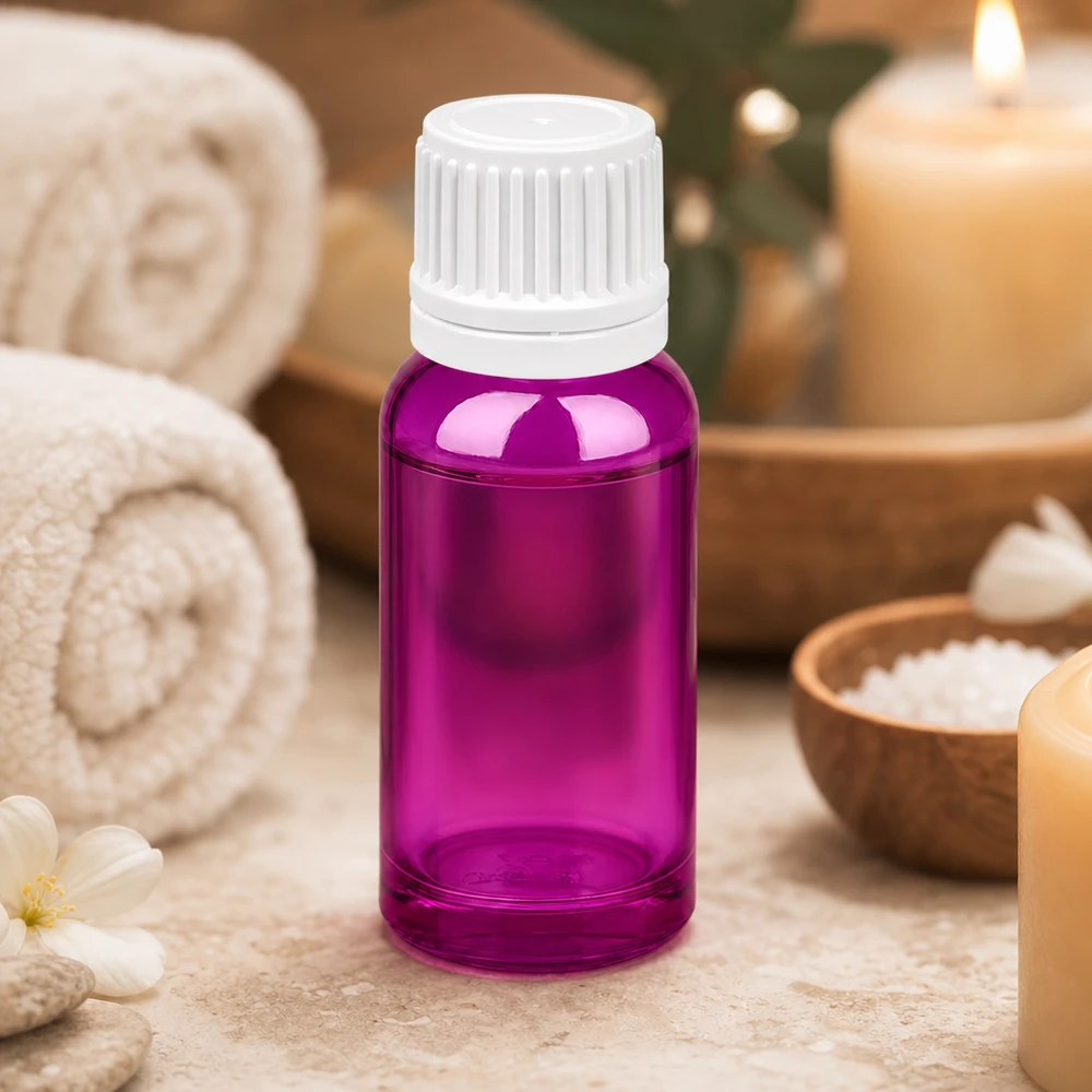 Bottiglia da 20ml tappo a vite 11mm bianco Originality tappo a vite PurpleLine UT18/20 Elegante flacone Purple Line da 20 ml con tappo OV bianco, ideale per trattamenti benessere e spa