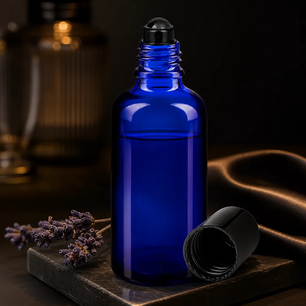Flacone roll-on da 50 ml blu cobalto in vetro con protezione UV, con applicatore a sfera nero e decorazione alla lavanda