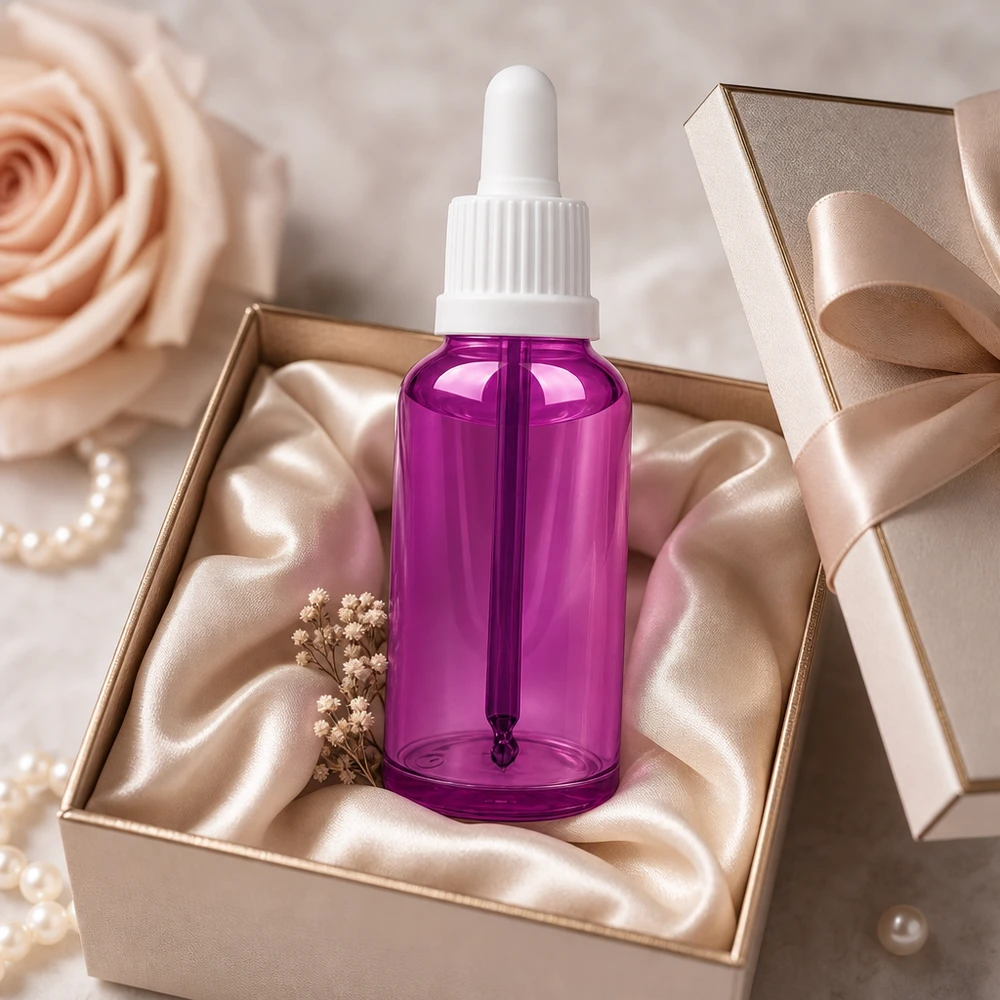 Bottiglia da farmacia viola da 50 ml con pipetta contagocce per applicazioni di aromaterapia