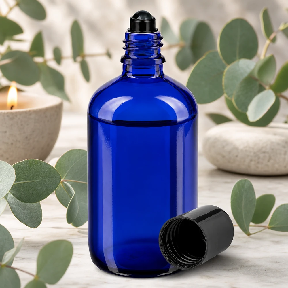 Flacone per deodorante stick in vetro blu 100 ml, roll-on vuoto Flacone roll-on cilindrico da 100 ml in blu cobalto con applicatore a sfera nero e profumo di eucalipto