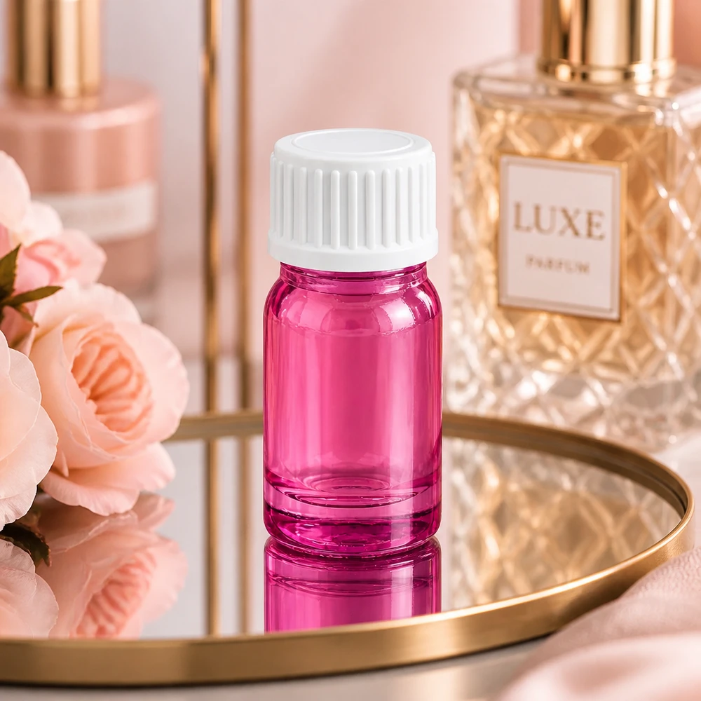 Flacone da 5 ml in vetro robusto di colore rosa con tappo a vite bianco per porzioni di campione