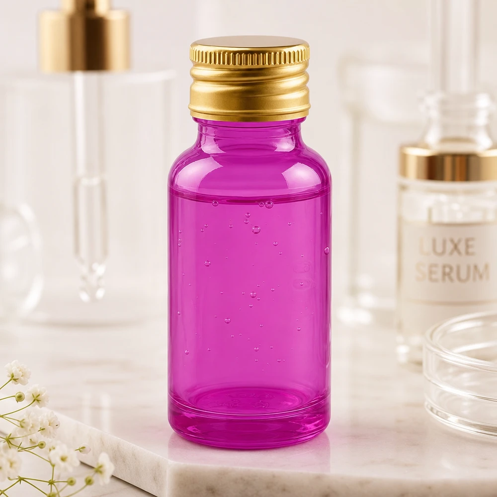 Flacone da 20ml tappo a vite 11mm alluminio oro standard PurpleLine. UT18/20 Flacone cosmetico professionale da 20 ml viola con tappo ermetico dorato in alluminio