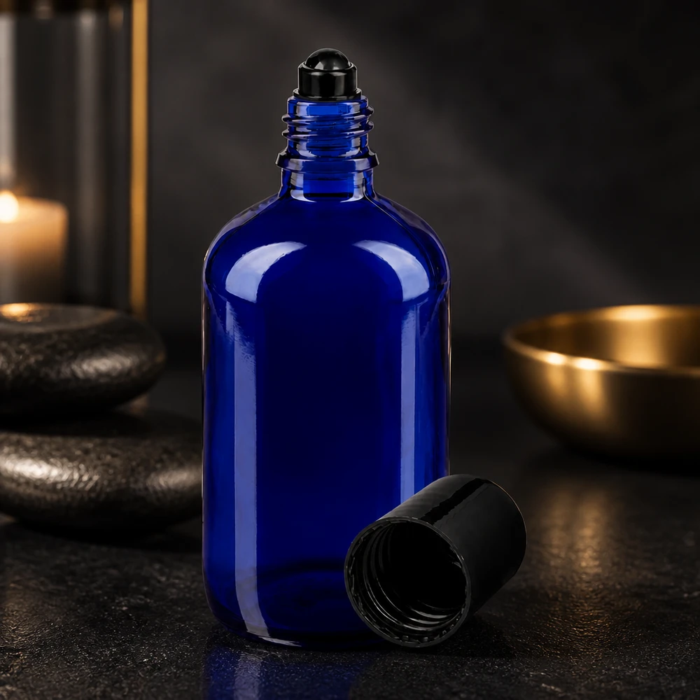 Flacone per deodorante stick in vetro blu 100 ml, roll-on vuoto Flacone da farmacia da 100 ml blu cobalto con applicatore roll-on nero e tappo a vite