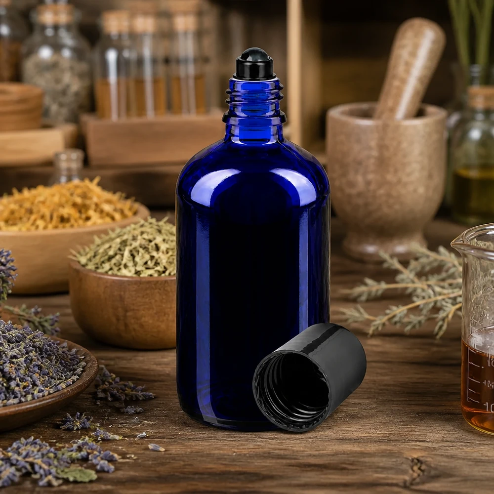 Fiaschetta da farmacia blu da 100 ml con tappo a sfera nero, tra erbe essiccate e lavanda
