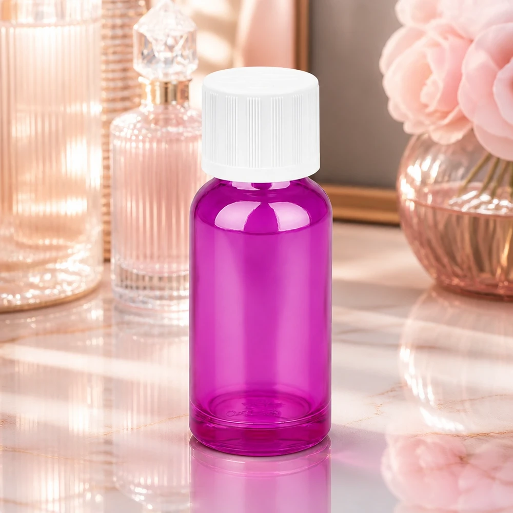 Pratica bottiglietta in vetro da 20 ml in look Purple Line con sistema di chiusura sicuro