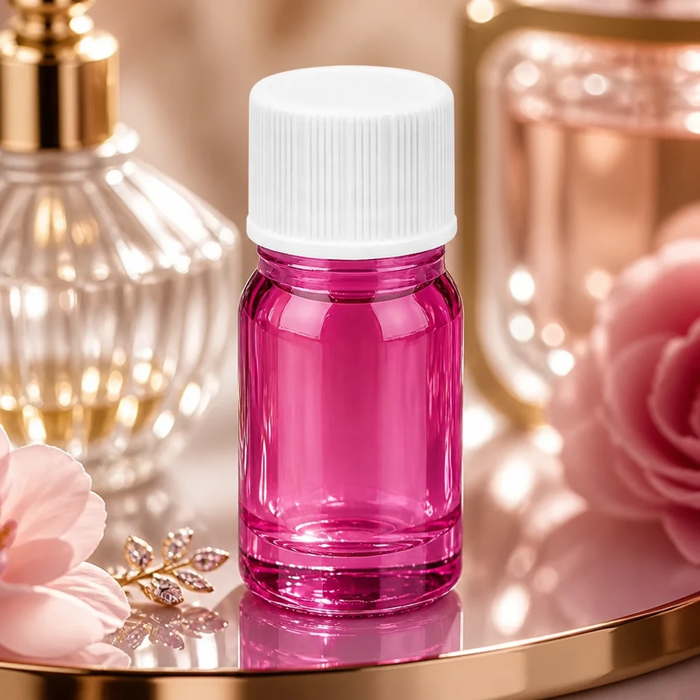 Elegante flacone di design da 5 ml in viola con tappo opaco per esclusivi prodotti per la cura della pelle