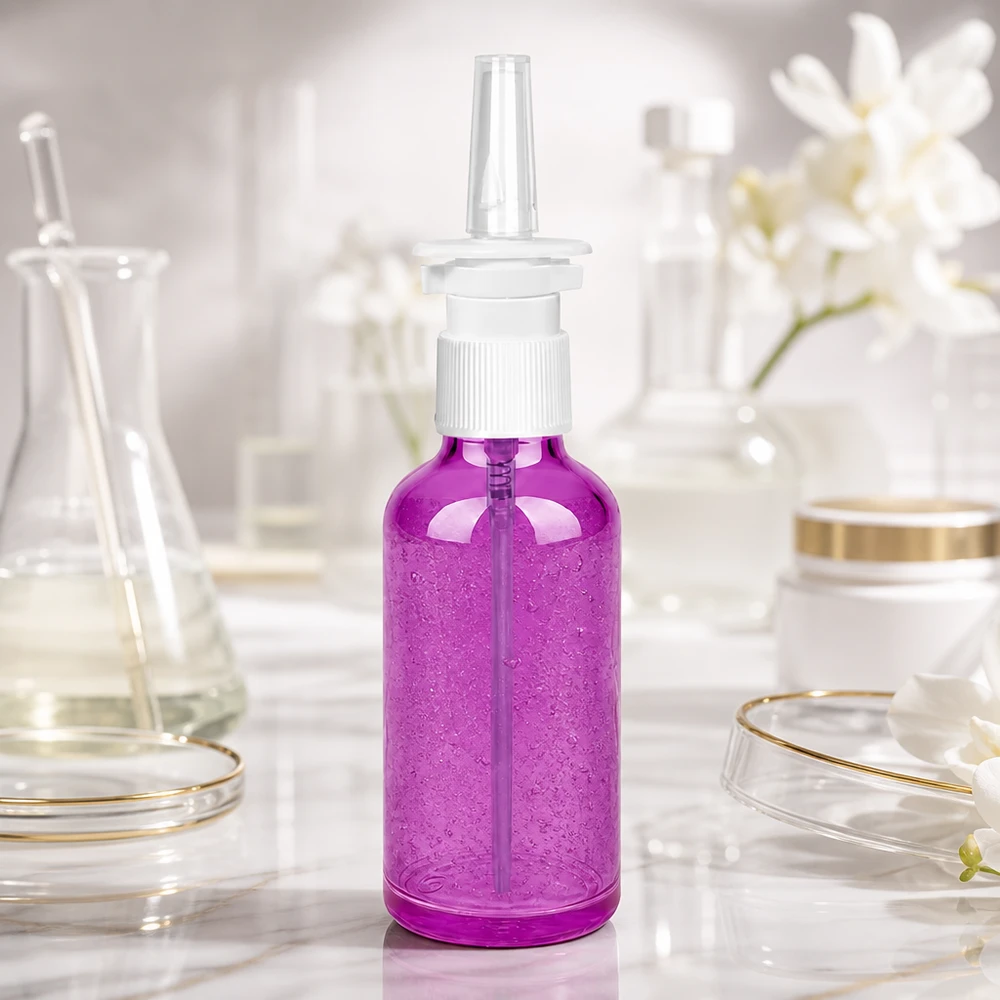Contenitore per spray nasale da 50 ml dall'elegante design viola con meccanismo di nebulizzazione preciso