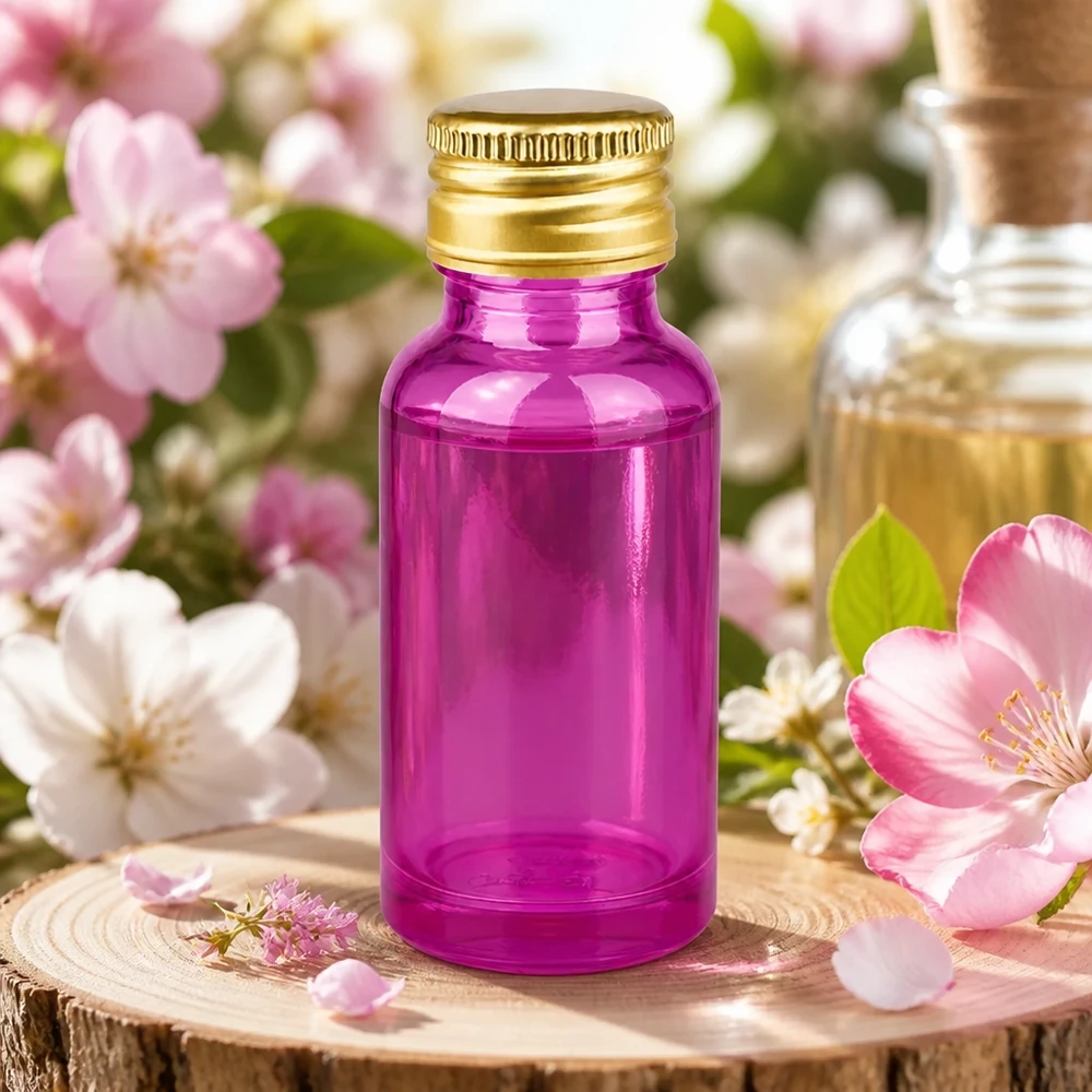 Flacone da 20ml tappo a vite 11mm alluminio oro standard PurpleLine. UT18/20 Elegante flacone in vetro viola da 20 ml con protezione UV e tappo in metallo dorato da 11 mm.