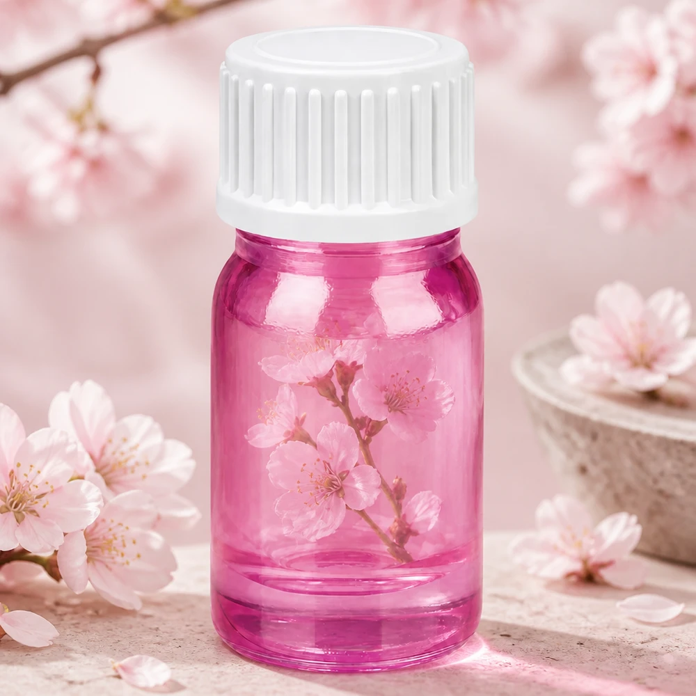 Flacone in vetro da 5 ml con finitura glo in rosa e tappo bianco per una presentazione del prodotto di alta qualità
