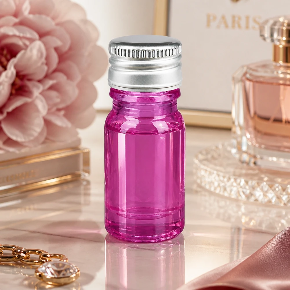 Piccola bottiglia di vetro viola da 5 ml con pratico tappo a vite per cosmetici fai da te