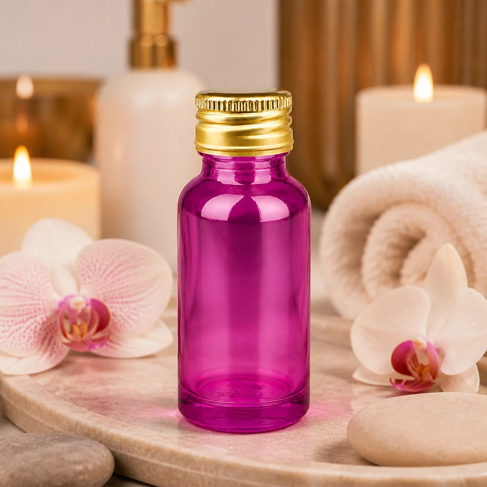 Flacone in vetro viola premium da 20 ml con coperchio in alluminio dorato per cosmetici e oli naturali