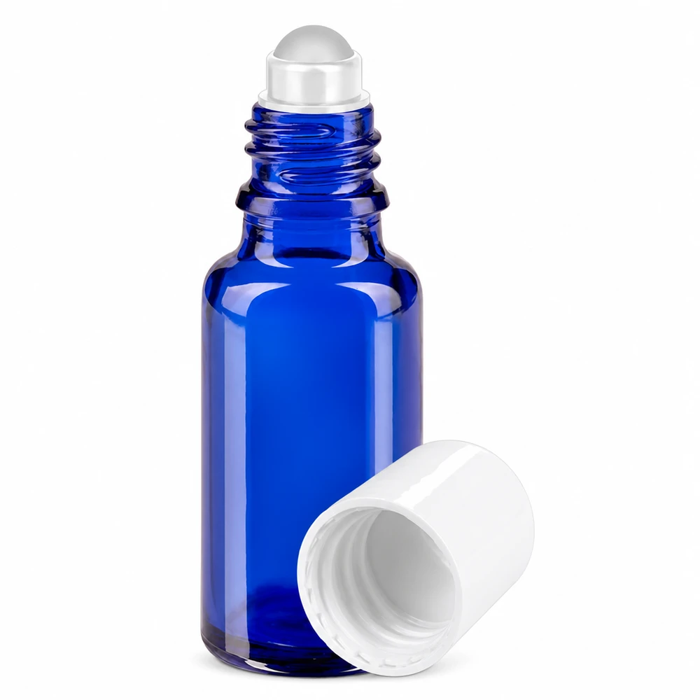 Flacone roll-on blu da 20 ml in vetro da farmacia con tappo bianco e sfera rotante