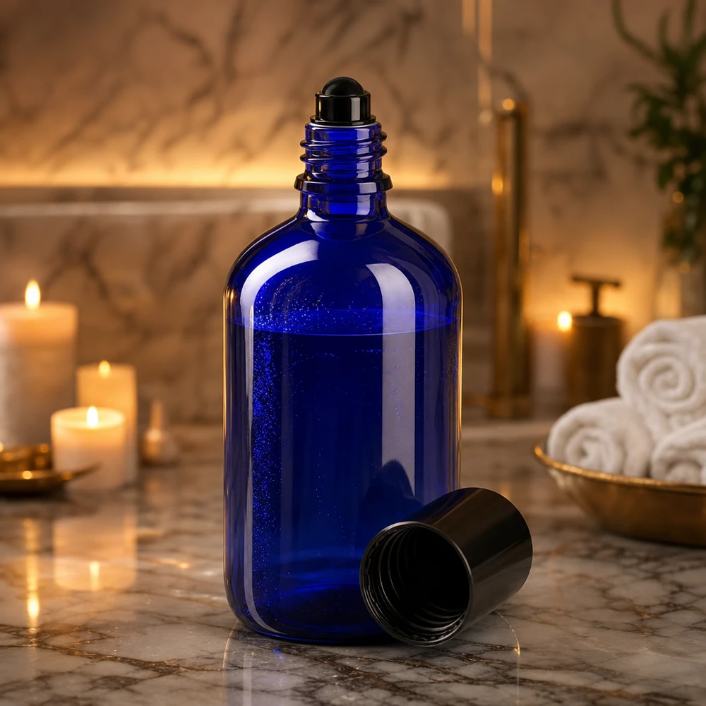 Flacone roll-on da 100 ml aperto, di colore blu cobalto con tappo nero su fondo marmorizzato
