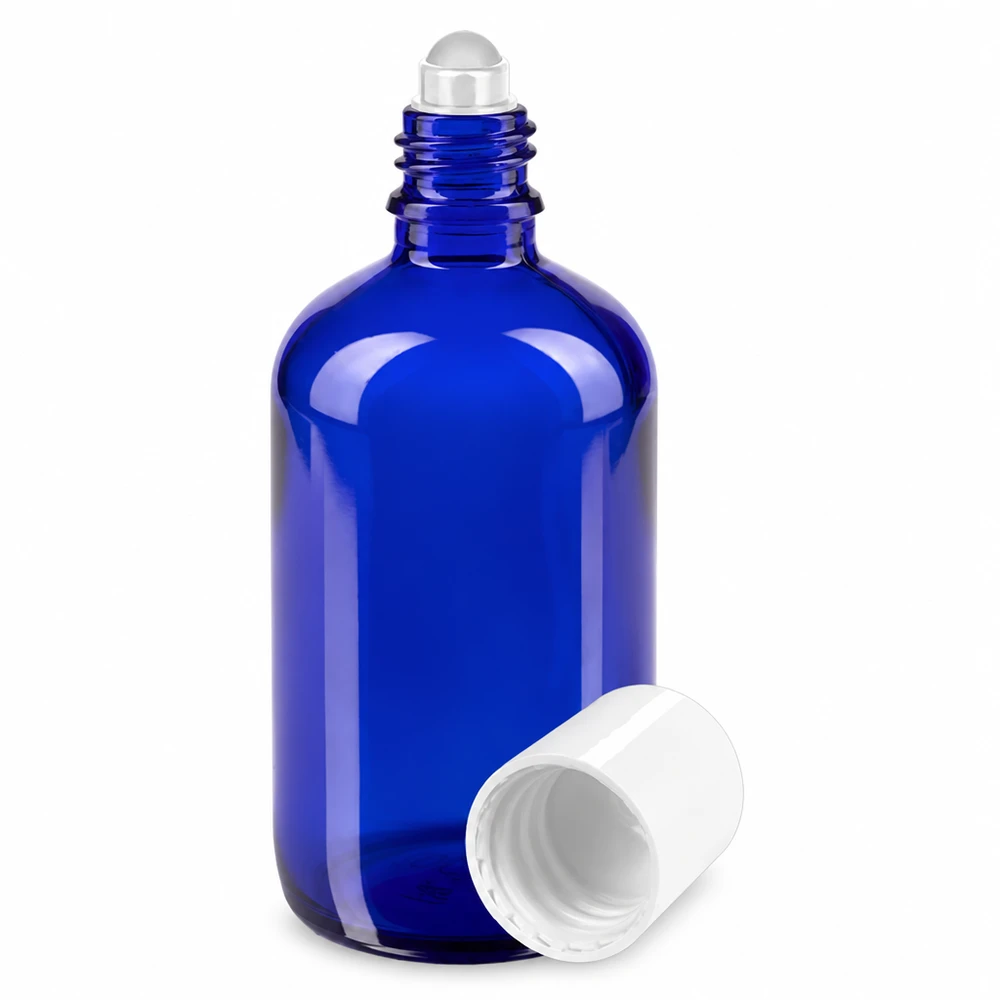 Flacone per deodorante stick in vetro blu 100 ml, roll-on vuoto Flacone roll-on blu da 100 ml in vetro da farmacia con tappo bianco e sfera rotante