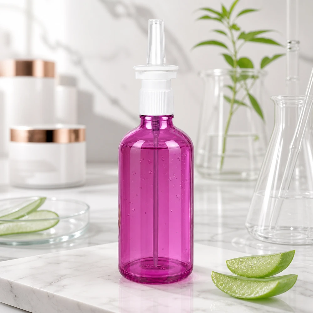 Flacone spray farmaceutico da 100 ml viola con tappo UT18 standard per cure nasali