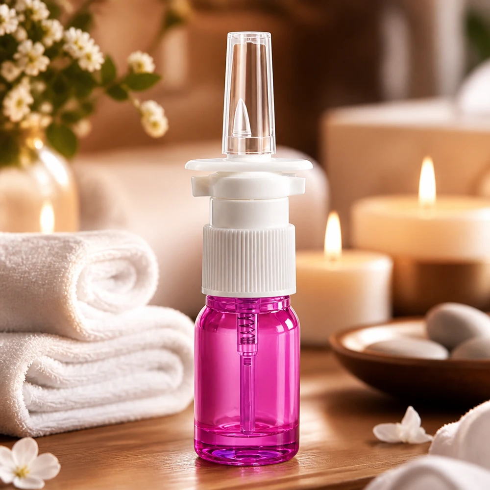 Robusto flacone spray da 5 ml in plastica trasparente viola con meccanismo a pompa bianco