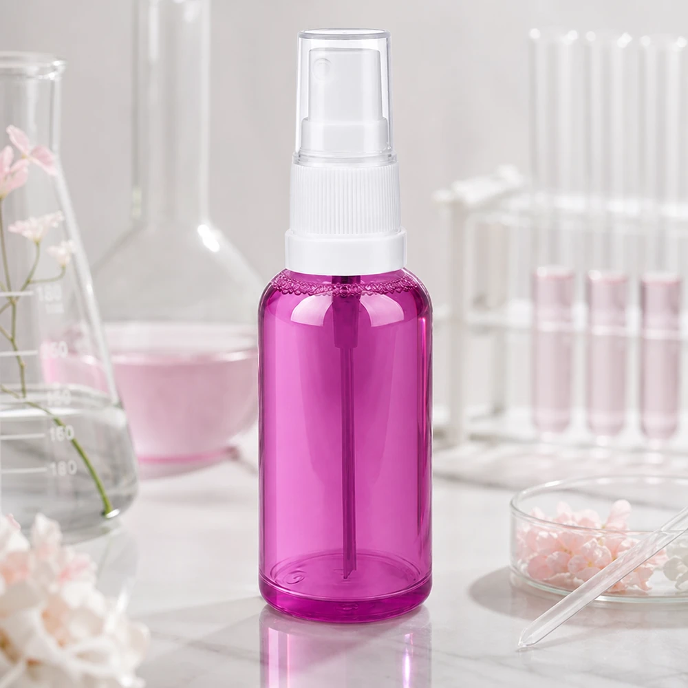 Flacone spray trasparente viola da 50 ml con pompetta bianca per profumi e fragranze