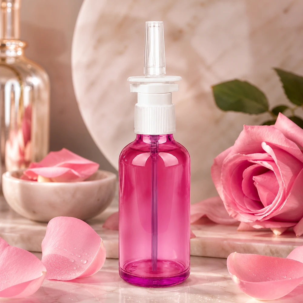 Igienico flacone spray da 50 ml per farmaci nasali dal design accattivante di colore viola