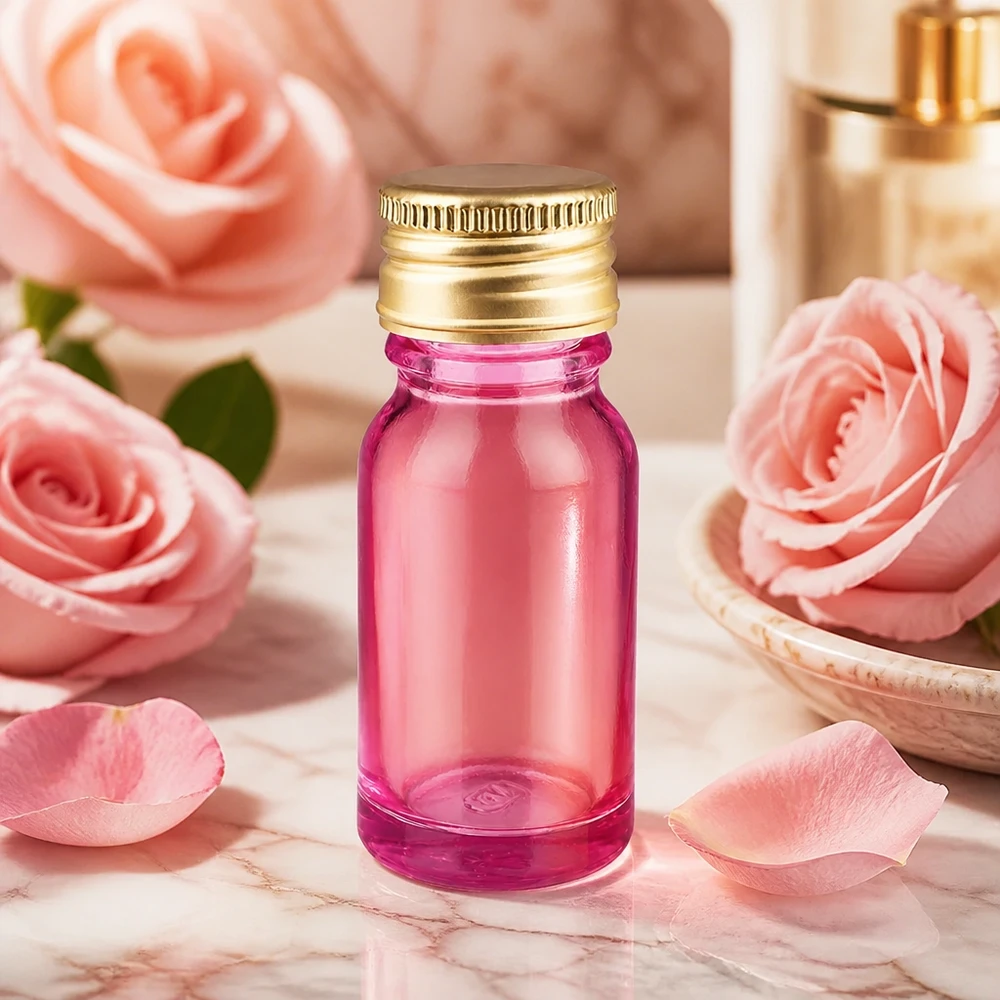 Elegante flacone da 10 ml in vetro viola con tappo a vite in alluminio dorato per sieri e oli