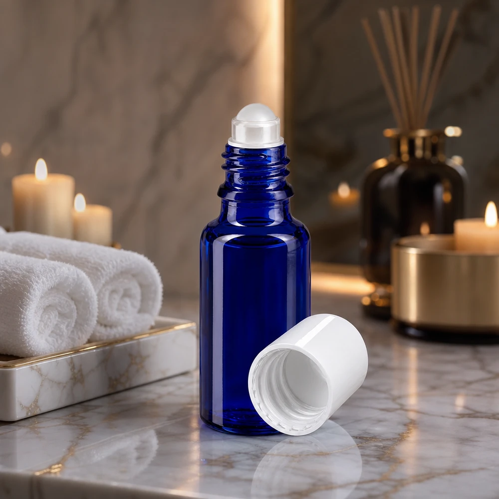 Flacone roll-on da 20 ml blu cobalto con tappo bianco su una superficie marmorizzata, accanto a candele e asciugamani