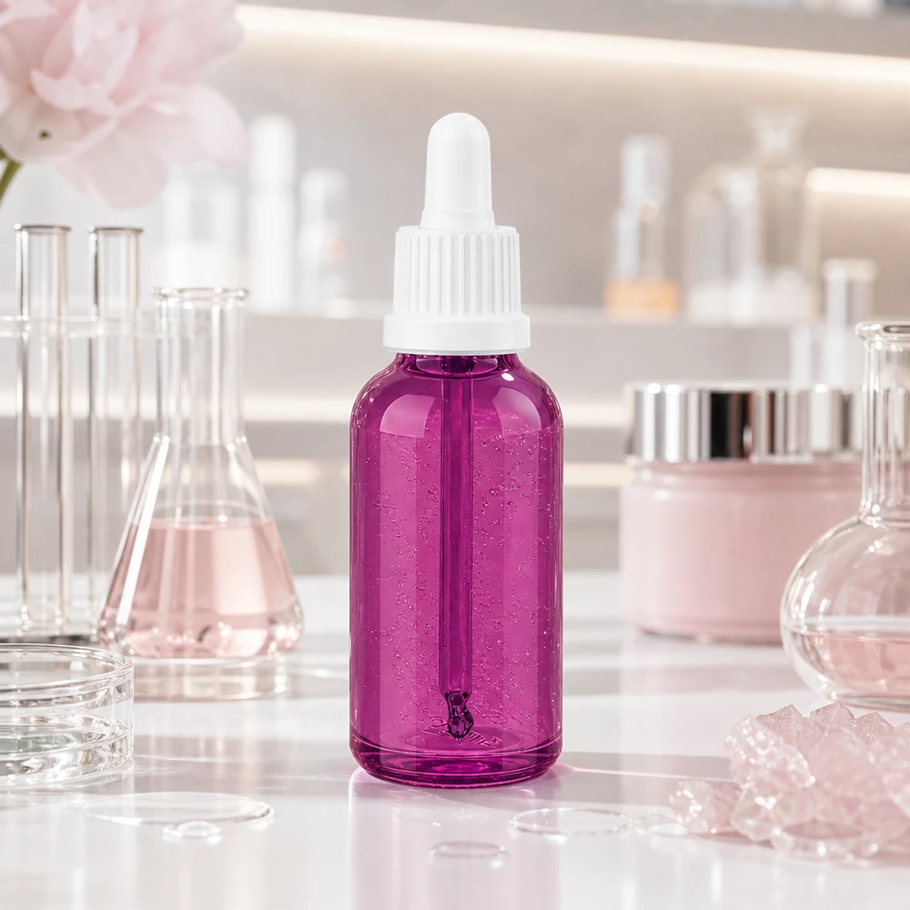 Bottiglia per pipette da 30 ml di colore viola con tappo bianco a prova di bambino per una conservazione sicura