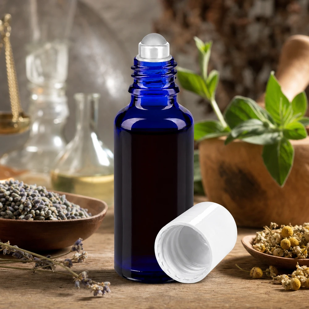 Flacone per deodorante stick in vetro blu 30 ml, roll-on vuoto Flacone roll-on blu da 30 ml STD in vetro da farmacia con tappo bianco, tra erbe aromatiche e lavanda