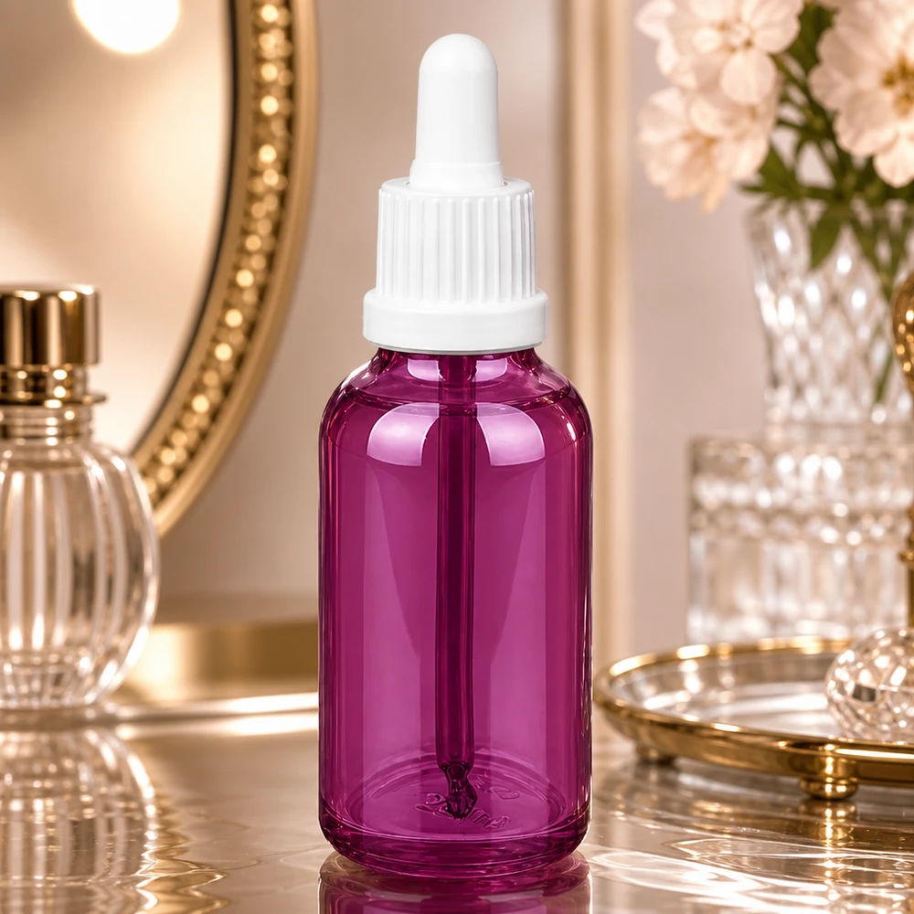 Elegante flacone contagocce da 30 ml in viola con tappo a pipetta bianco opaco per un'elegante presentazione del prodotto