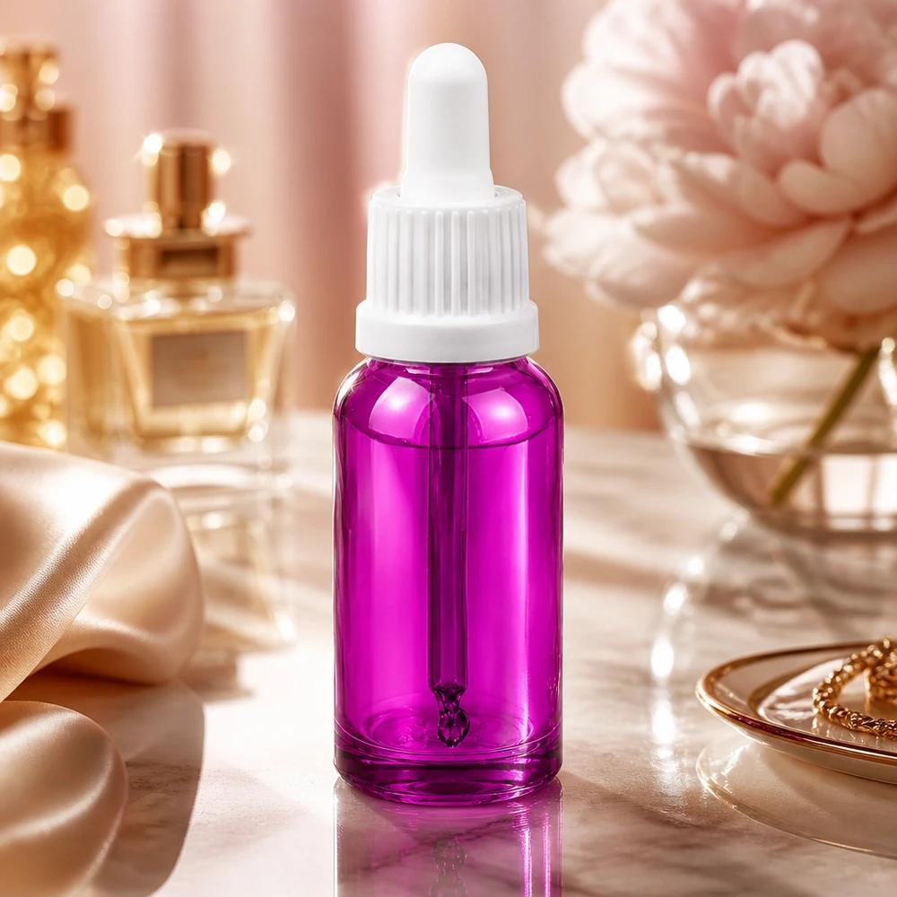 Elegante flacone in vetro viola da 20 ml con contagocce per essenze di bellezza di alta qualità