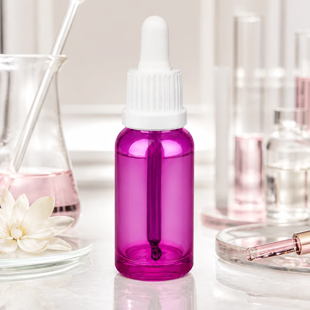 Flacone dosatore viola da 20 ml con contagocce bianco ideale per i cosmetici fai da te