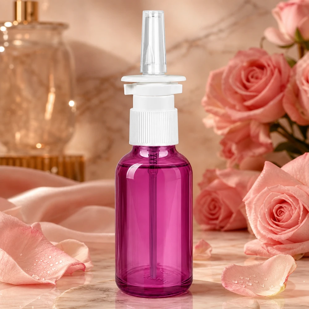 Flacone spray nasale da 30 ml bianco/trasparente standard PurpleLine. UT18/30 Robusto flacone in vetro viola da 30 ml con sistema di nebulizzazione preciso per una distribuzione uniforme dello spray nasale