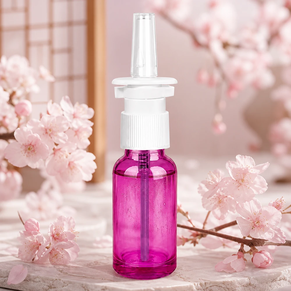 Flacone spray nasale da 20 ml con tappo a pompa bianco in viola per uso igienico