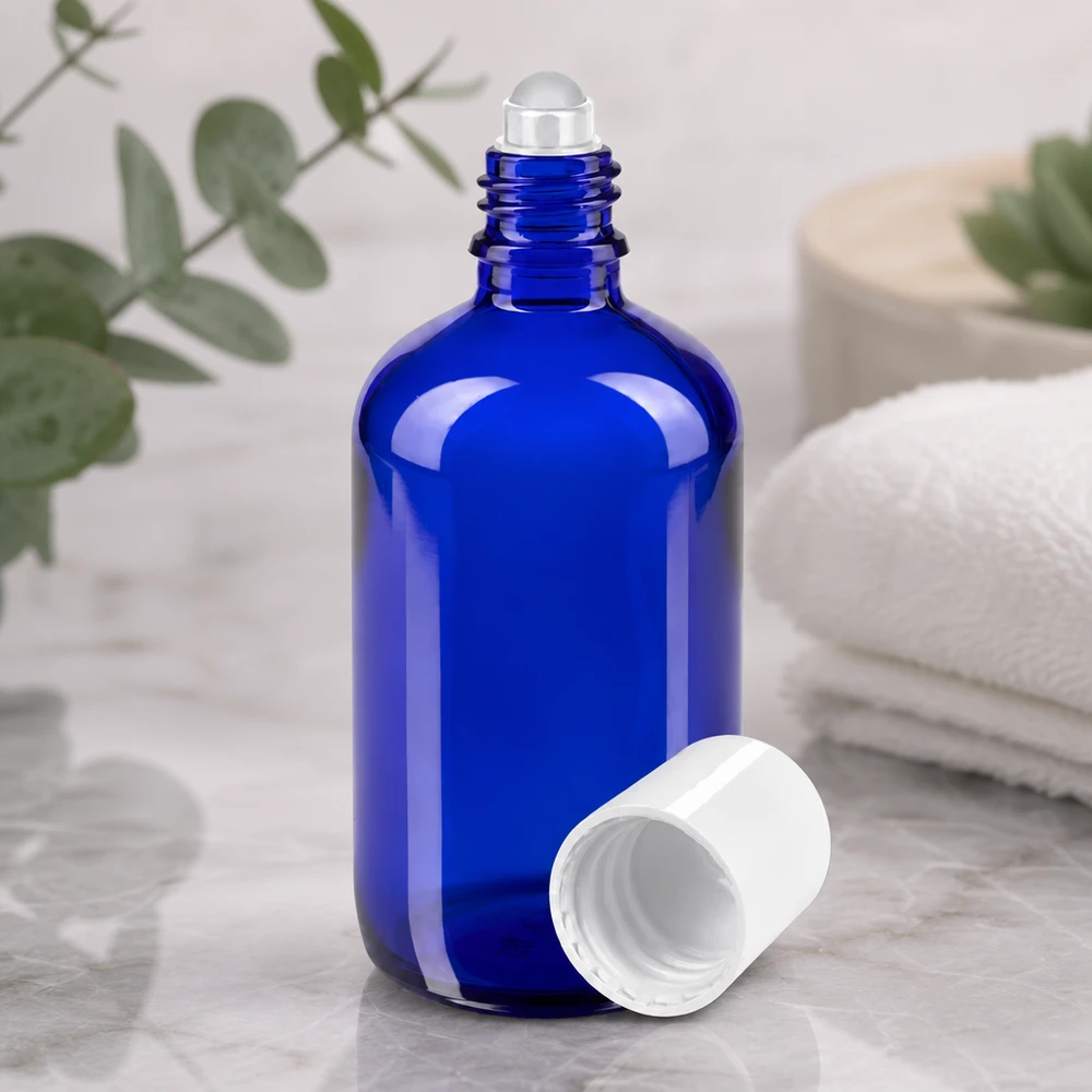 Flacone per deodorante stick in vetro blu 100 ml, roll-on vuoto Flacone roll-on da 100 ml aperto, di colore blu cobalto, con sfera in vetro trasparente e tappo in plastica bianca