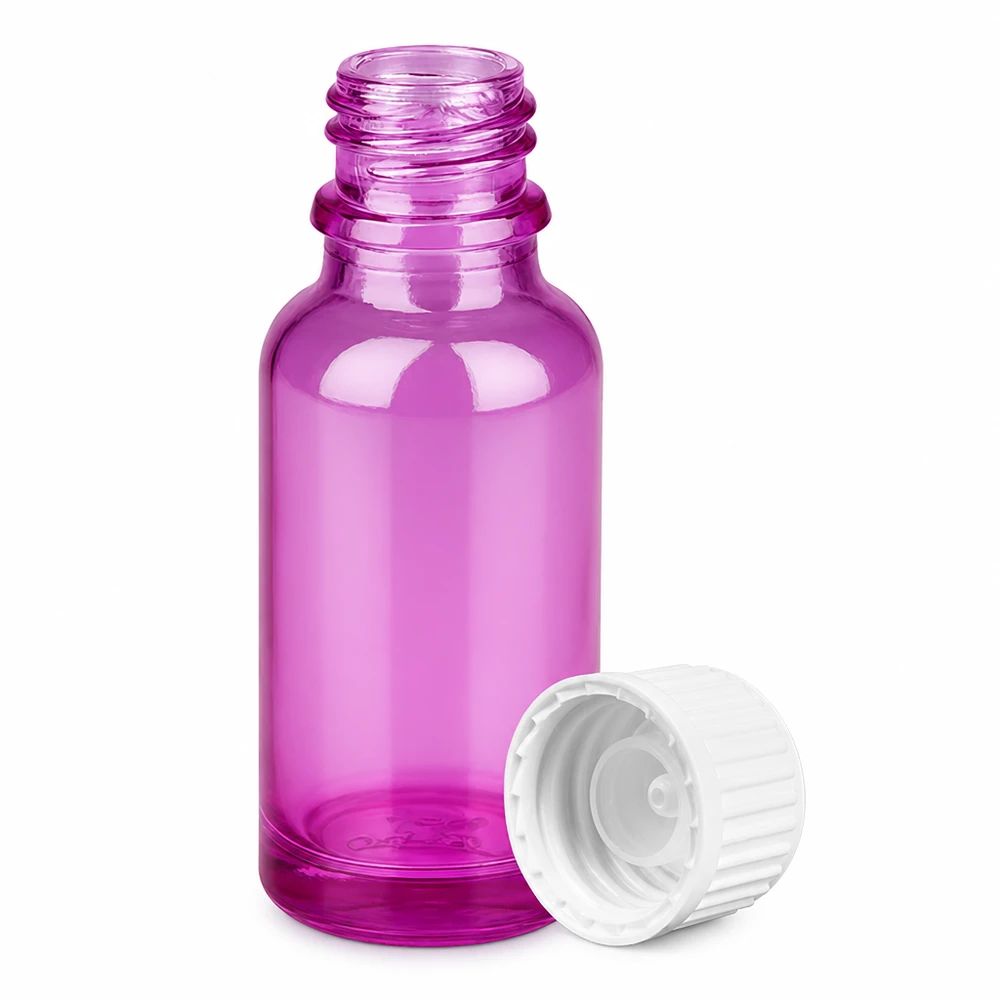 Flacone da 20 ml (globuli) con anello di versamento bianco standard PurpleLine.UT18/20 Pratico flacone in vetro da 20 ml di colore viola brillante con un robusto coperchio bianco