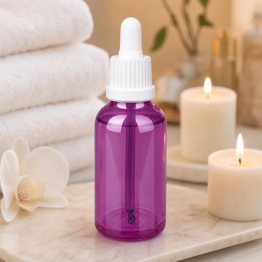Flacone contagocce compatto viola da 30 ml con tappo bianco OV per oli essenziali ed estratti