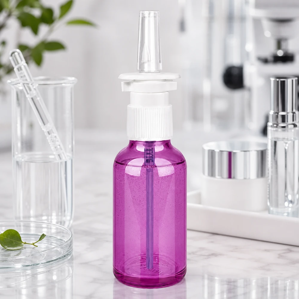 Flacone spray nasale da 30 ml bianco/trasparente standard PurpleLine. UT18/30 Robusto flacone di plastica per spray nasale da 30 ml, in un attraente colore viola, per una conservazione sicura dei farmaci.