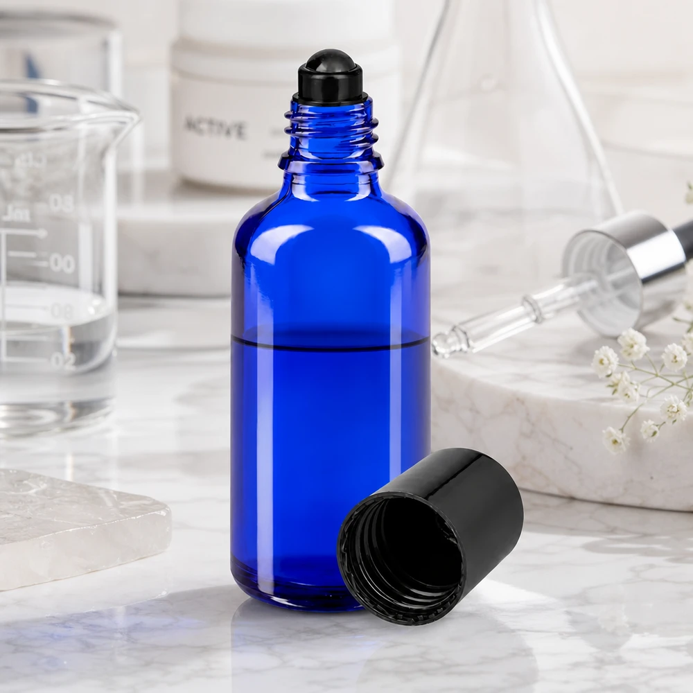 Flacone per deodorante stick in vetro blu 50 ml, roll-on vuoto Flacone roll-on da 50 ml blu cobalto con tappo a vite nero, accanto a un vasetto di vetro e una pipetta