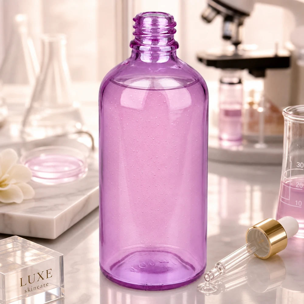 Flacone professionale per farmacia da 100 ml in vetro violetto con protezione UV per applicazioni di laboratorio