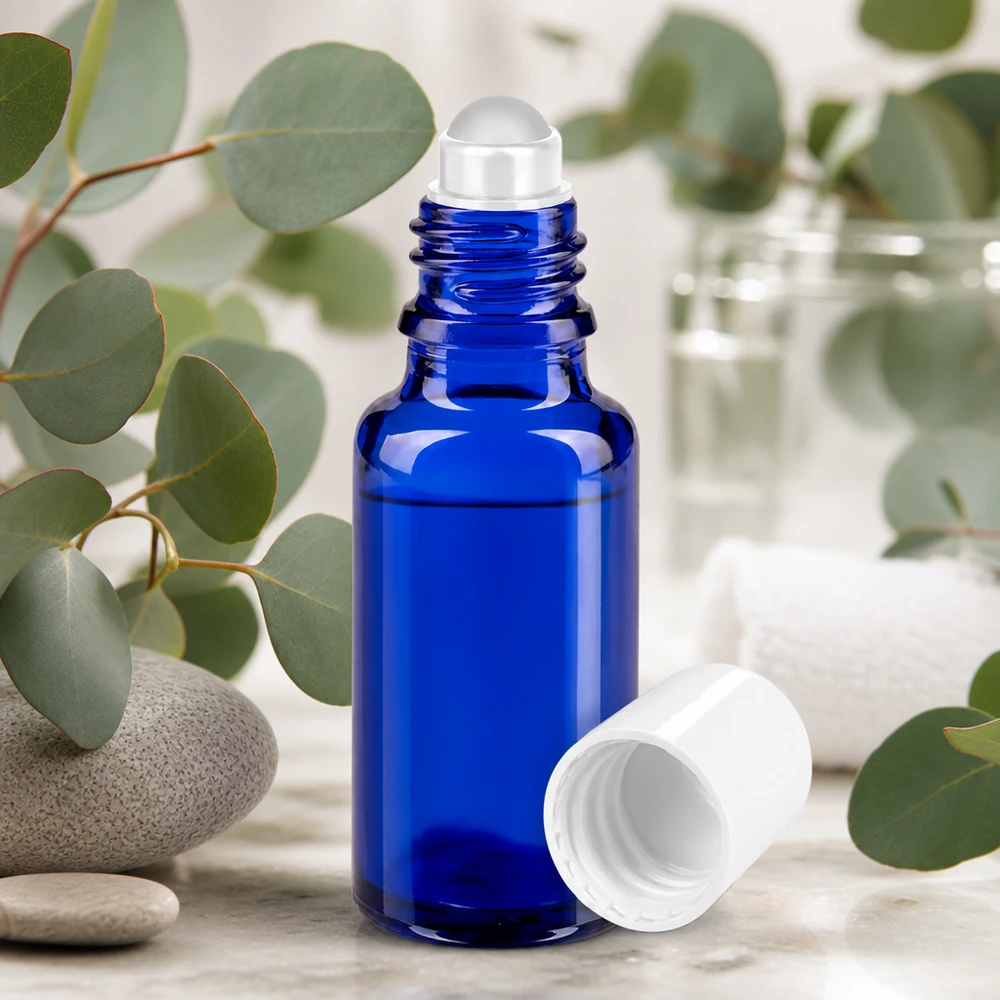 Flacone per deodorante stick in vetro blu 20 ml, roll-on vuoto Flacone roll-on blu da 20 ml in vetro da farmacia con rametti di eucalipto e pietre naturali