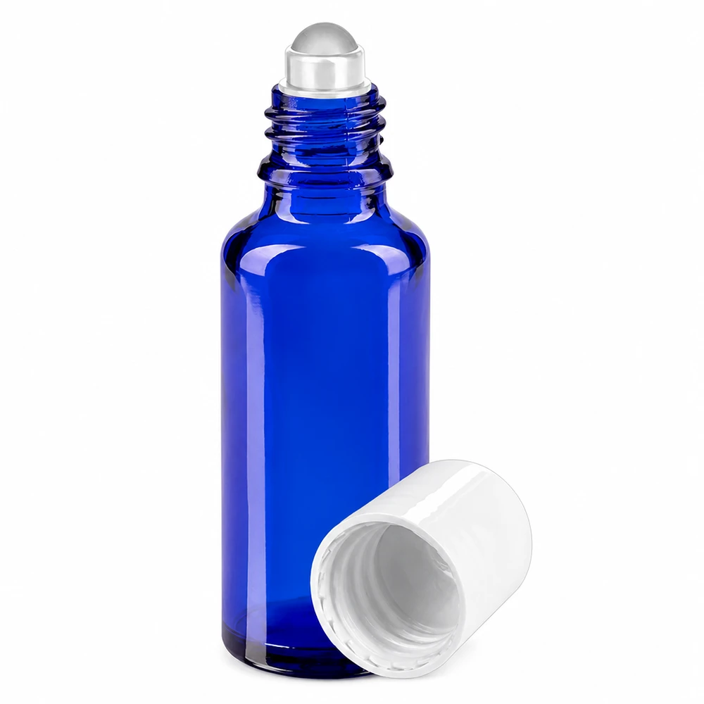 Flacone roll-on blu da 30 ml con tappo bianco e sfere in vetro da farmacia
