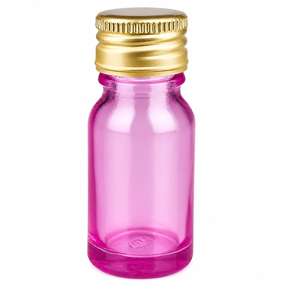 Flacone compatto da 10 ml di colore viola brillante con elegante tappo a vite color oro