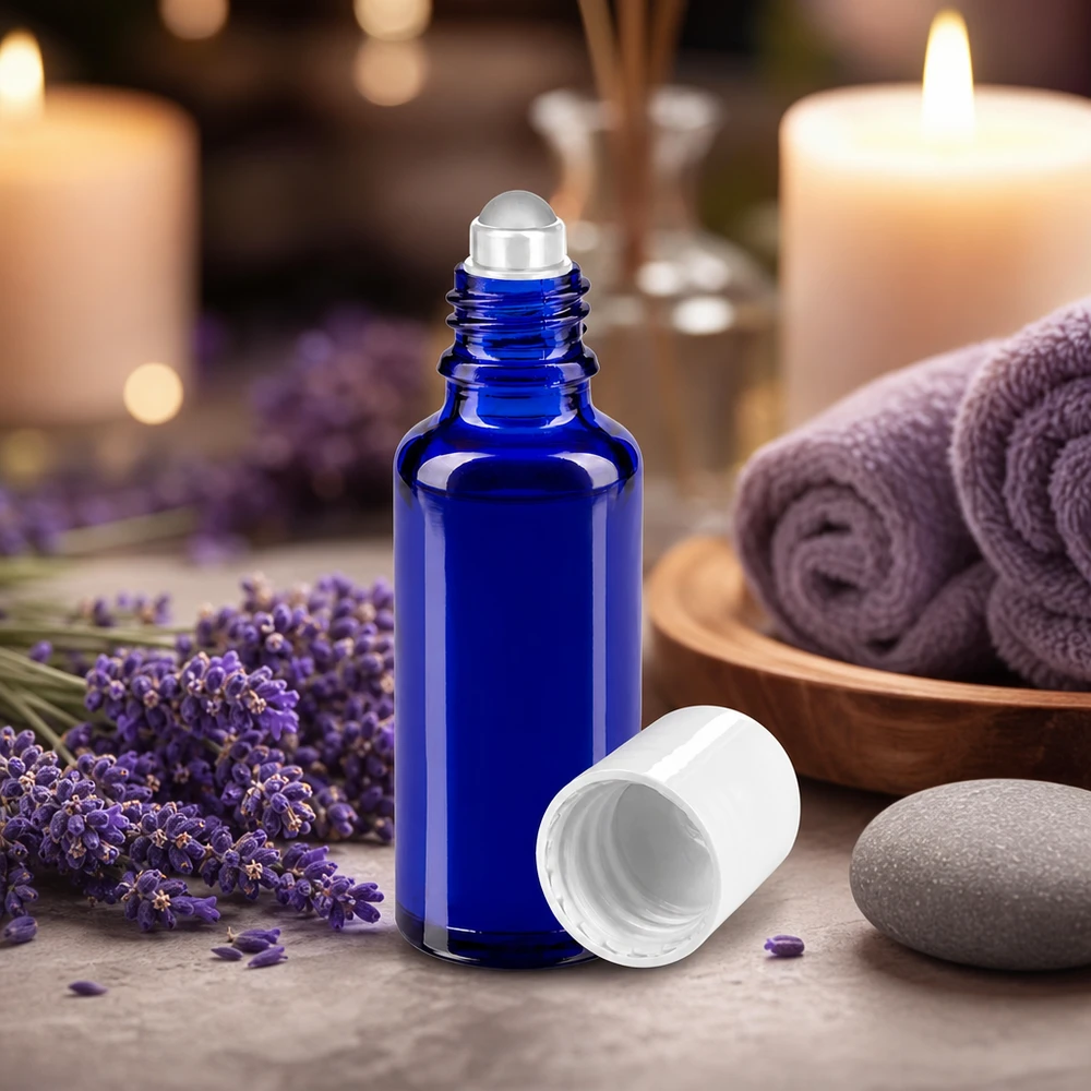 Flacone per deodorante stick in vetro blu 30 ml, roll-on vuoto Flacone roll-on da 30 ml in vetro da farmacia blu cobalto con tappo standard bianco