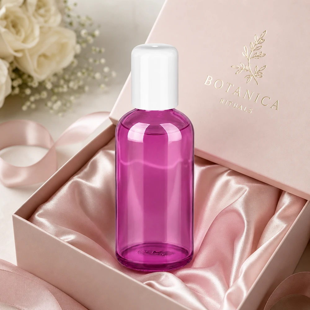 Moderno flacone roll-on da 100 ml con filo STD in un accattivante colore viola per il benessere
