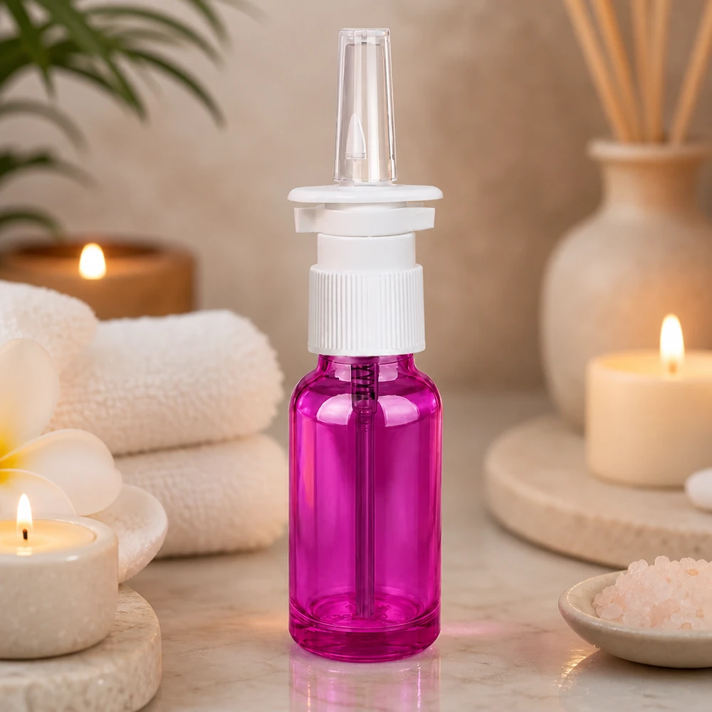 Flacone spray nasale viola da 20 ml con dosaggio ottimale grazie all'attacco di alta qualità