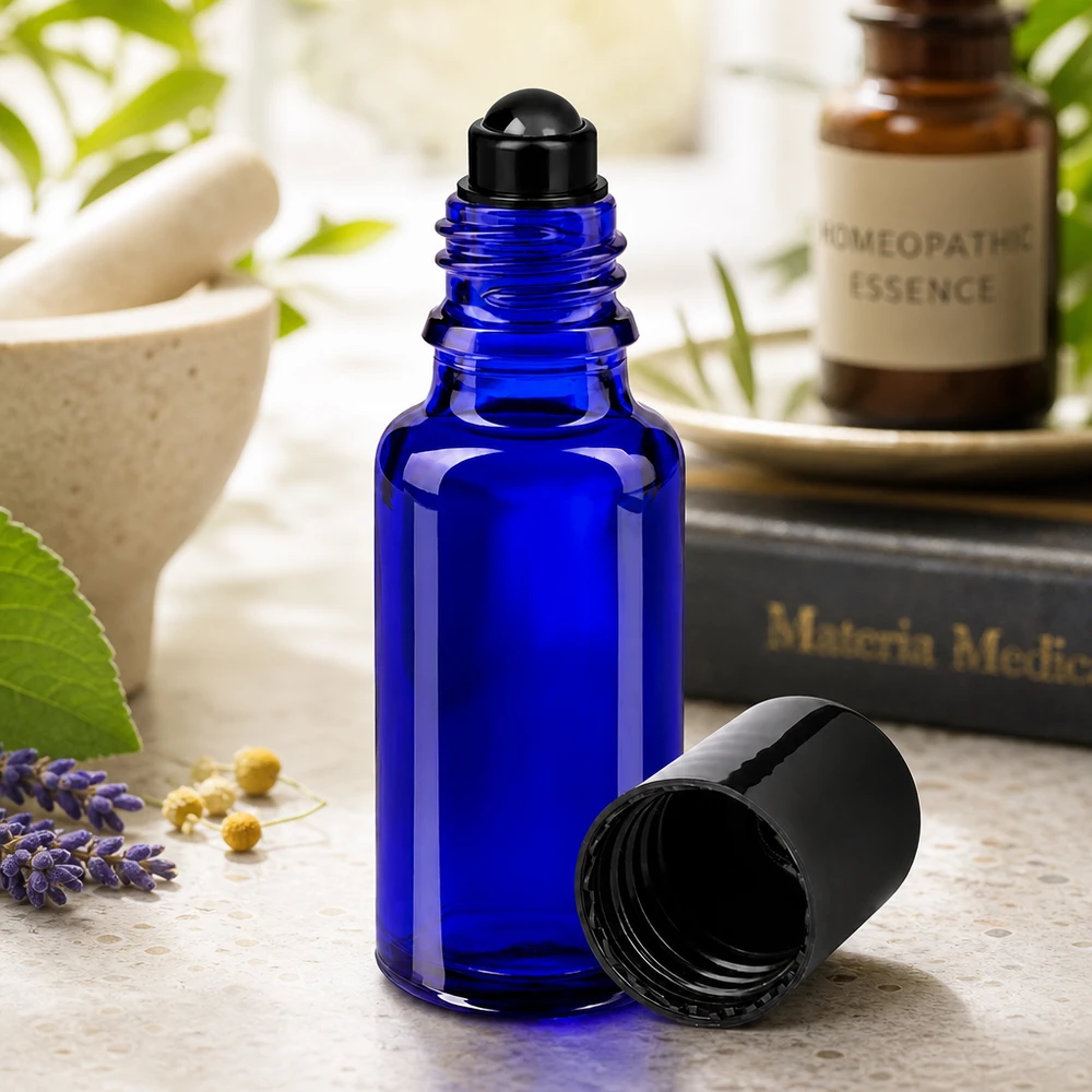 Flacone in vetro da 20 ml blu cobalto con roll-on nero per oli essenziali