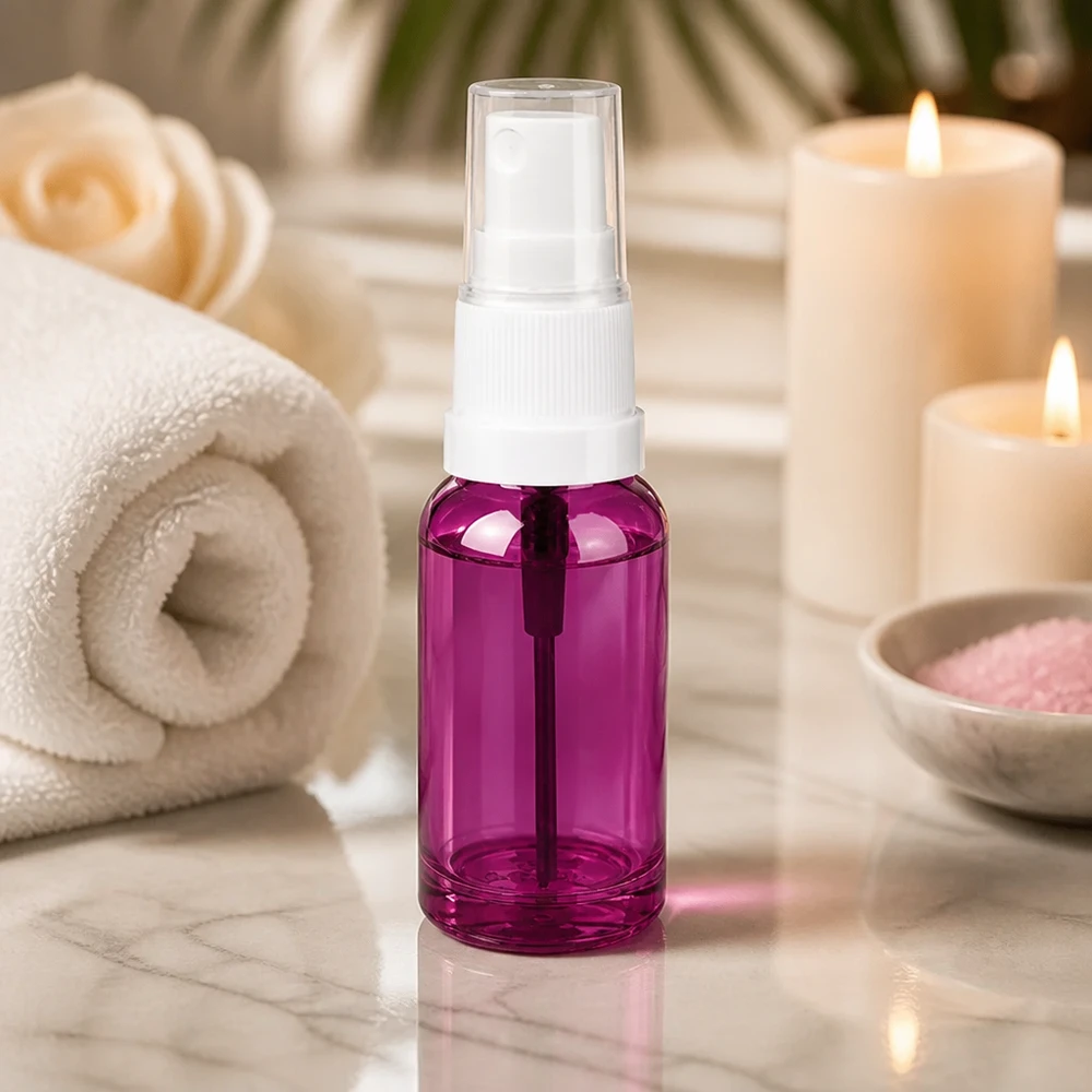 Flacone in vetro viola da 20 ml con spruzzatore bianco ideale per cosmetici fai da te e cosmetici naturali