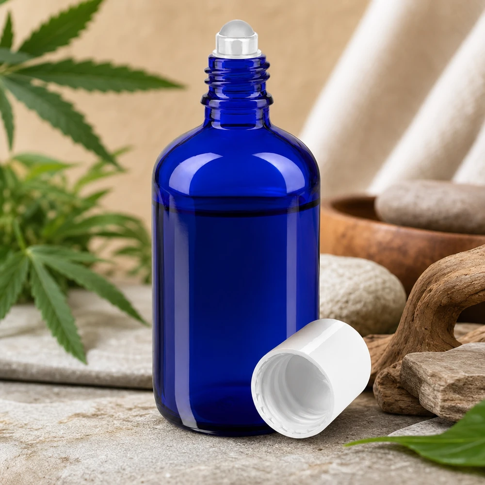 Flacone per deodorante stick in vetro blu 100 ml, roll-on vuoto Flacone roll-on in vetro da farmacia blu da 100 ml con pietre naturali e foglie di cannabis