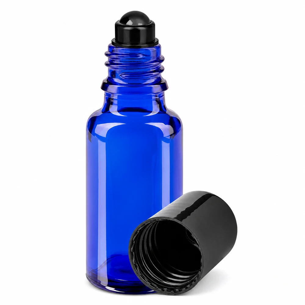 Flacone roll-on blu da 20 ml in vetro da farmacia con applicatore a sfera nero e tappo a vite