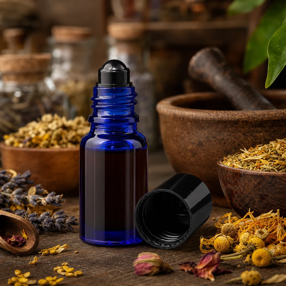 Flacone roll-on ApoGlas blu da 10 ml con erbe e fiori secchi su uno sfondo rustico in legno