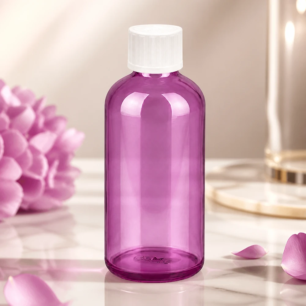 Flacone contagocce compatto da 100 ml di colore viola con coperchio bianco, perfetto per i viaggi e gli spostamenti.